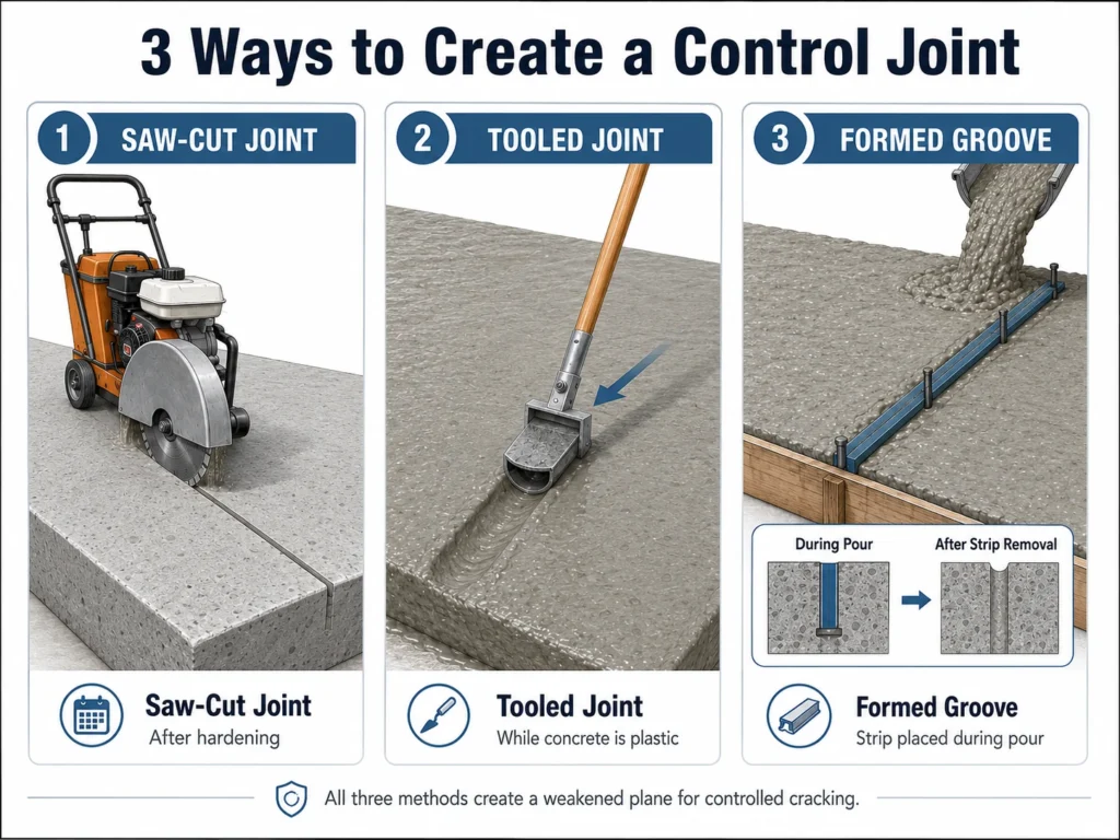 Three ways to create a control joint in concrete showing saw-cut joint, tooled joint, and formed groove.