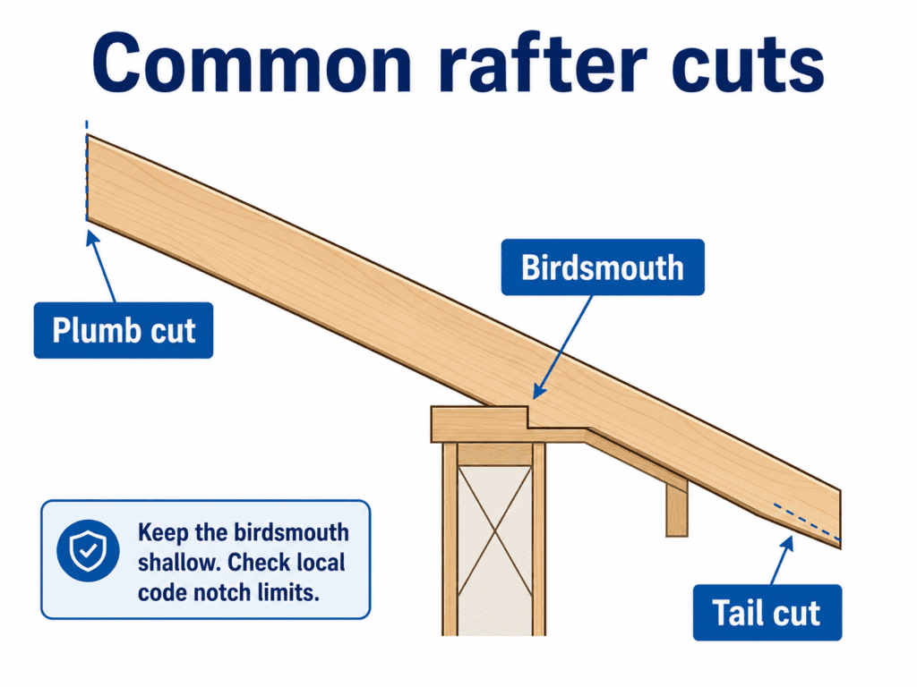Diagram showing a common roof rafter with plumb cut, birdsmouth cut, and tail cut labels
