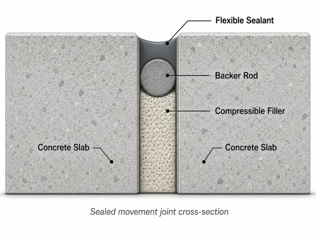 Concrete movement joint cross-section showing flexible sealant, backer rod, compressible filler and slab edges.