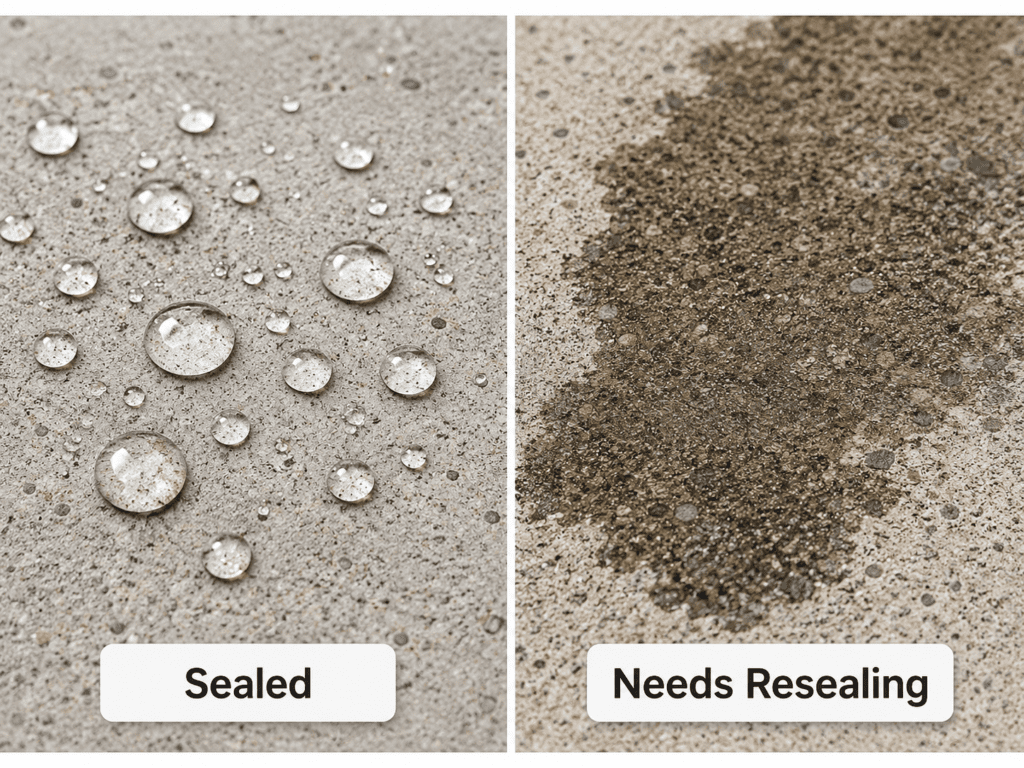 Concrete water bead test showing sealed concrete and concrete that needs resealing