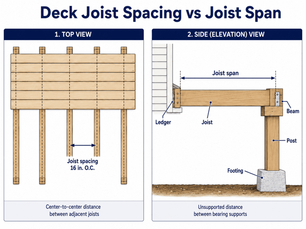 Deck joist spacing vs joist span in typical deck frame