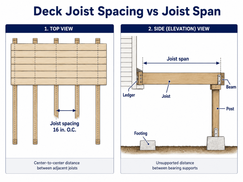 Deck joist spacing vs joist span diagram showing center-to-center joist spacing, unsupported joist span, ledger, beam, post, and footing in a typical deck frame.