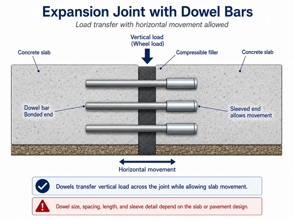 Expansion joint with dowel bars showing compressible filler, bonded dowel end, sleeved end, vertical load transfer and horizontal movement.
