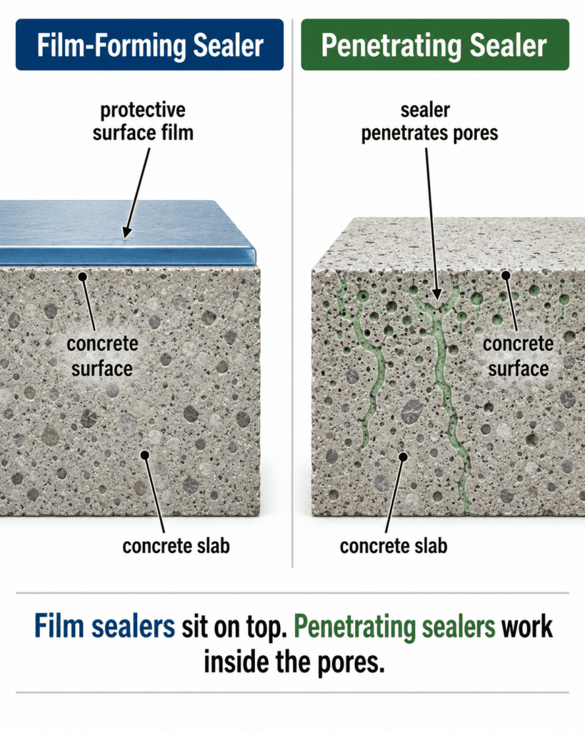 Cross-section diagram comparing film-forming concrete sealer and penetrating concrete sealer