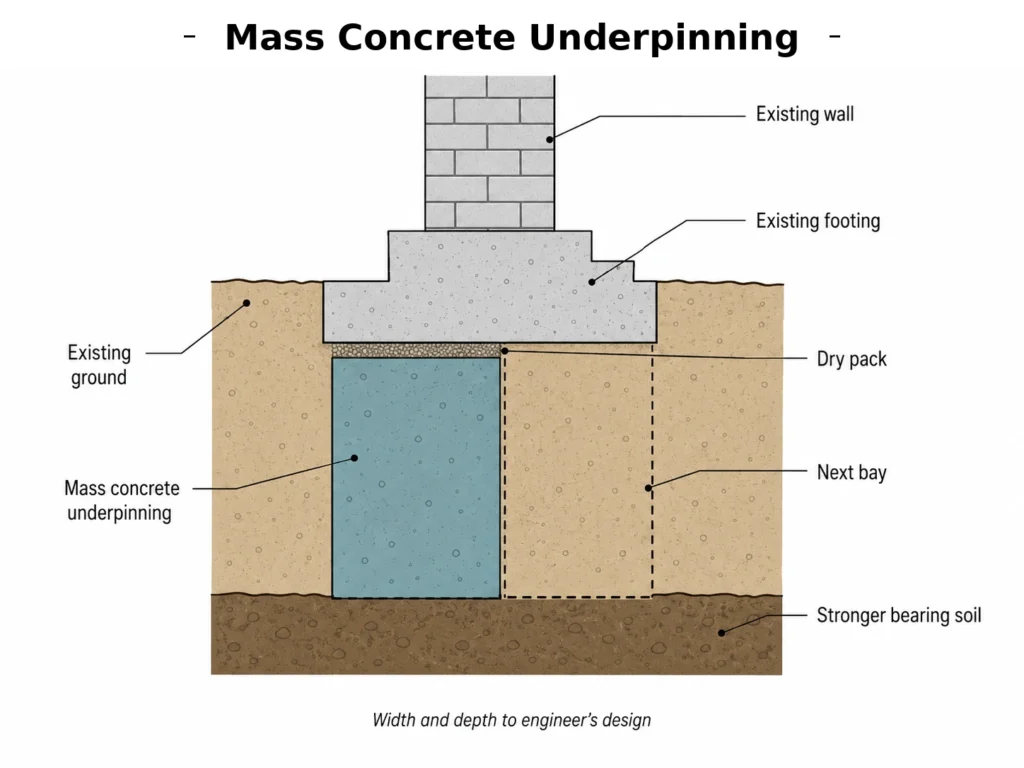 Mass concrete underpinning schematic showing an existing wall, existing footing, dry pack, staged underpinning bay, next bay, and stronger bearing soil below.