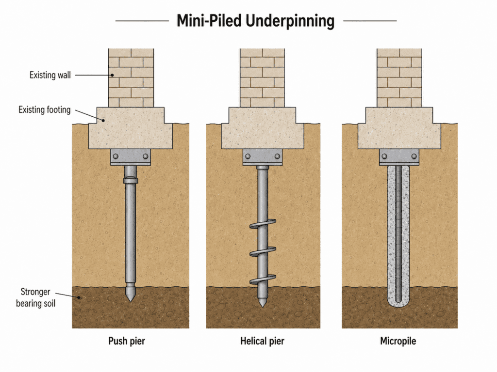 Mini-piled underpinning comparison diagram showing push pier, helical pier, and micropile systems below an existing wall and footing.