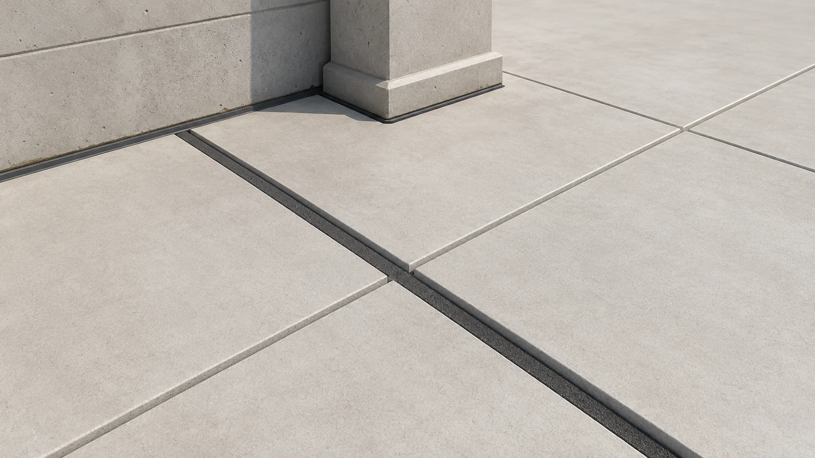 Concrete slab with control joints, expansion joint filler and isolation joint around a column.