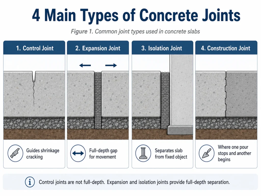 Movement joint in concrete diagram comparing control joint, expansion joint, isolation joint and construction joint.