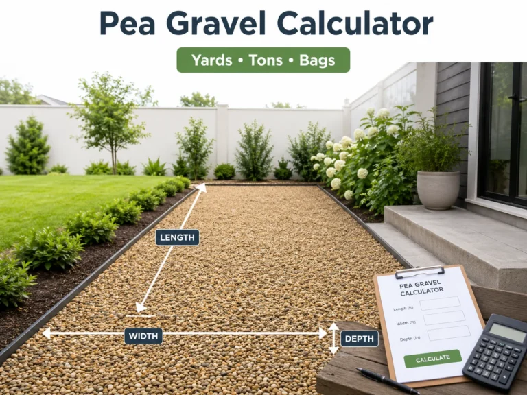 Pea gravel calculator showing length width and depth for estimating yards tons bags and cost