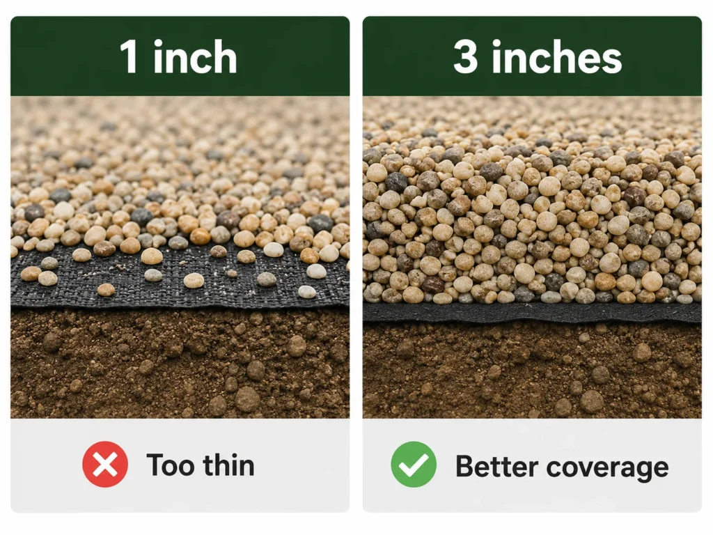 Pea gravel depth comparison showing a thin 1 inch layer and a better 3 inch layer