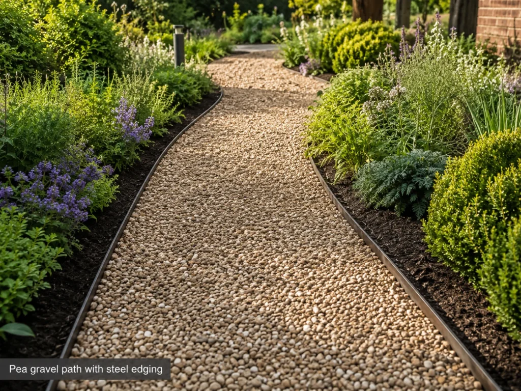 Pea gravel garden path with steel edging and border plants