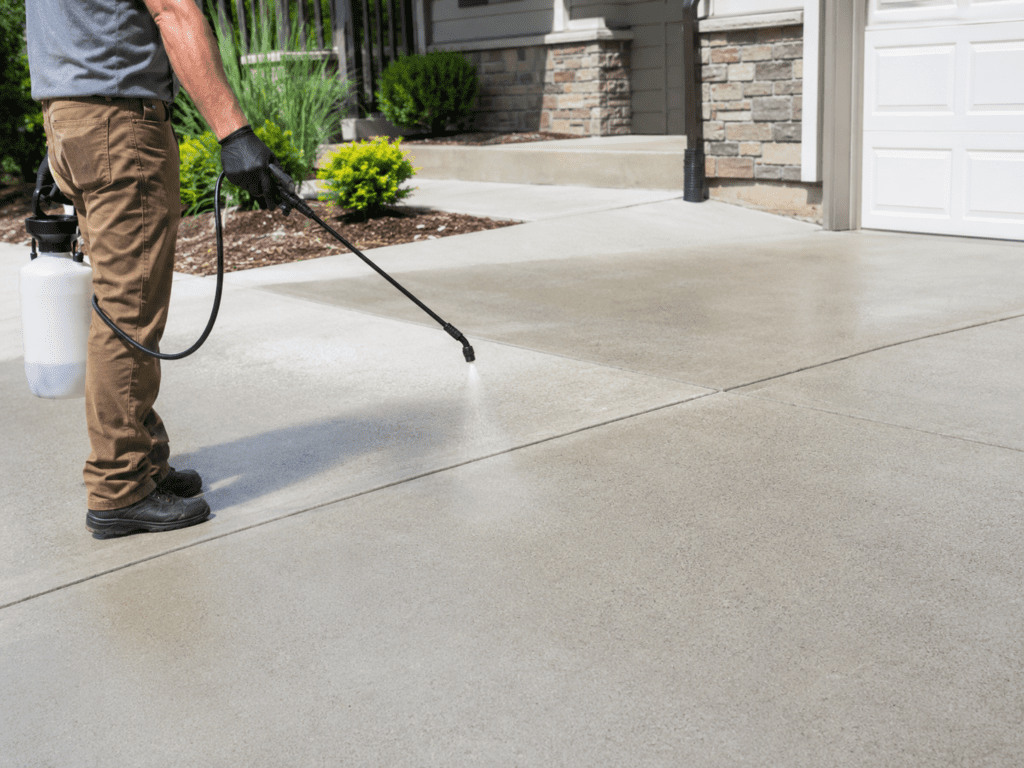 Penetrating concrete sealer applied to driveway with pump sprayer