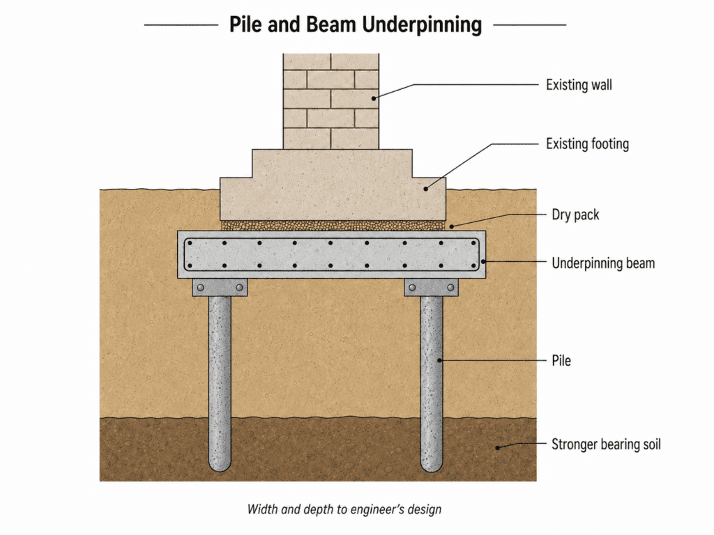 Pile and beam underpinning schematic showing an existing wall, existing footing, dry pack, reinforced underpinning beam, piles, and stronger bearing soil below.