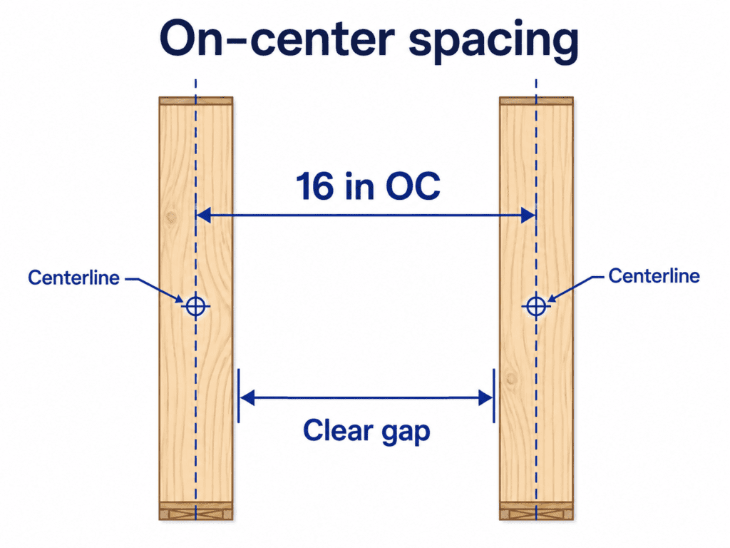 Diagram showing 16 inch on-center rafter spacing measured from the centerline of one rafter to the centerline of the next rafter