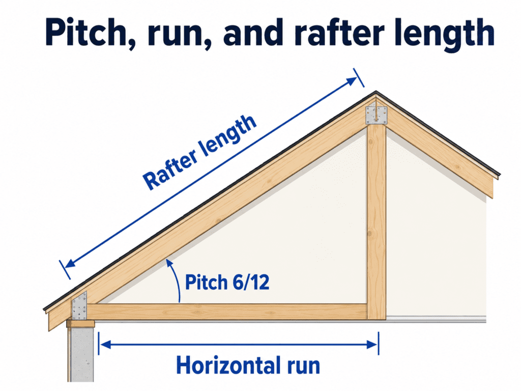 Roof cross-section diagram showing pitch, horizontal run, and sloped rafter length for a common roof rafter
