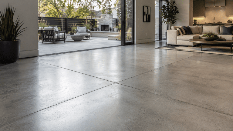 Sealed concrete floor with satin finish in a modern indoor outdoor living space