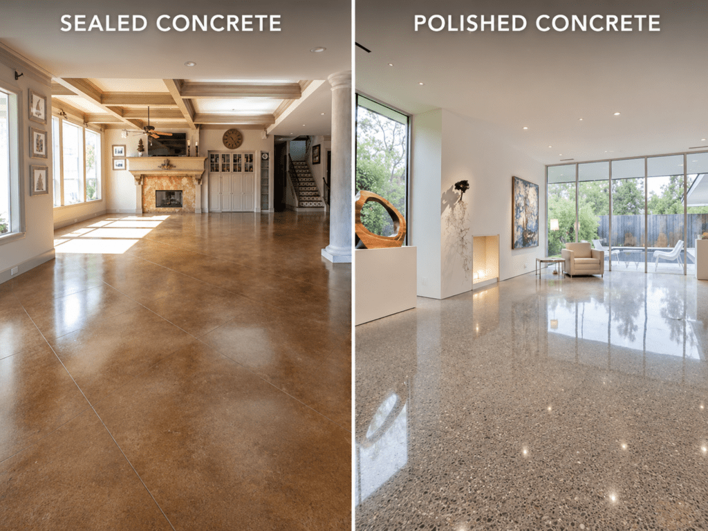 Sealed concrete vs polished concrete floor comparison showing coated stained concrete and high-gloss polished concrete