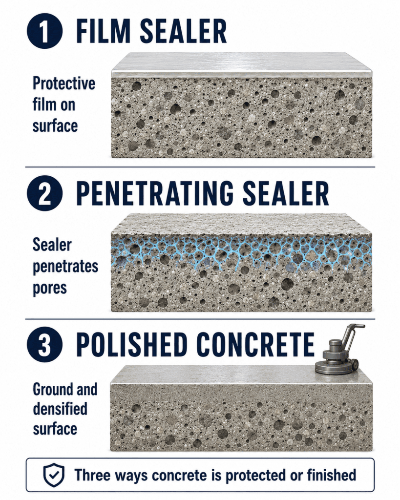 Film sealer, penetrating sealer and polished concrete cross-section diagram