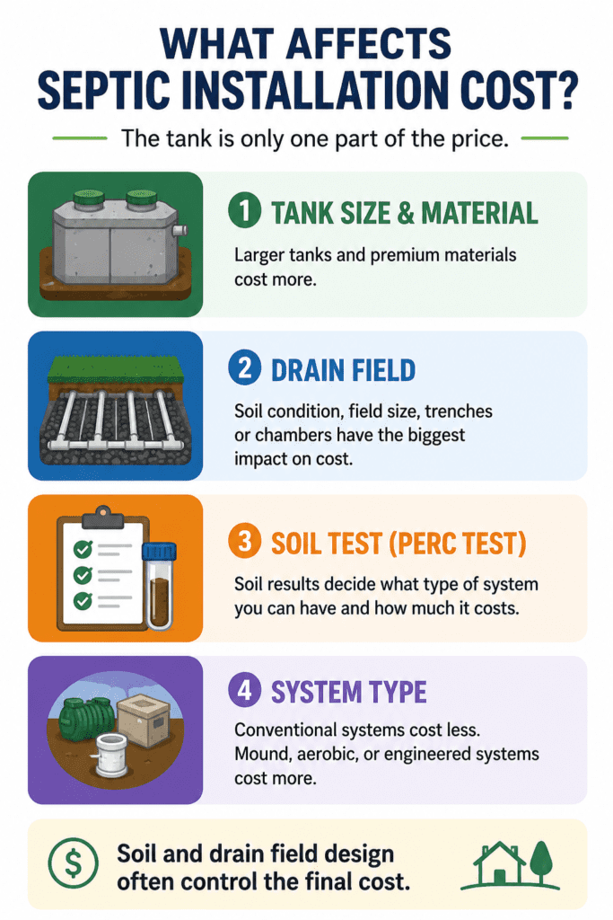 Septic tank installation cost factors including tank size, drain field, soil test and system type