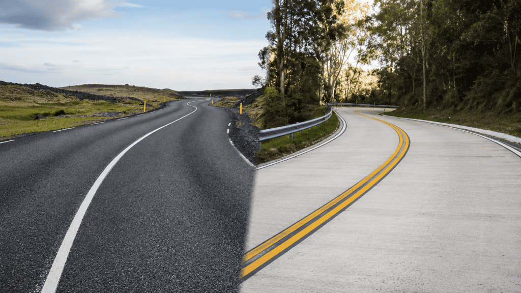 Asphalt vs concrete roads shown side by side, with a dark asphalt roadway on the left and a light concrete roadway on the right.