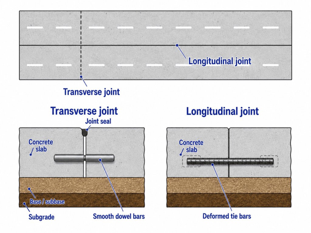 oncrete pavement joint infographic showing a transverse joint with joint seal and smooth dowel bars, and a longitudinal joint with deformed tie bars, over a base or subbase and subgrade.