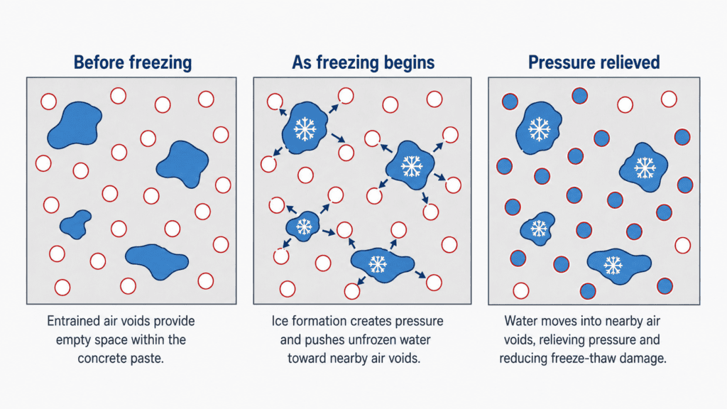 Illustration of How Air Entrained Concrete Resists Freeze-Thaw Damage