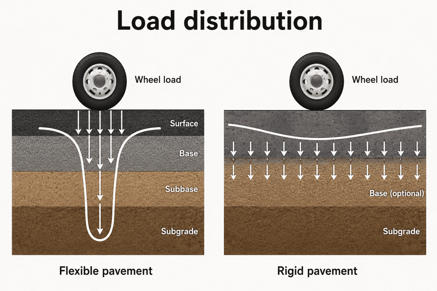 Rigid concrete pavement and flexible asphalt pavement load distribution diagram showing a wide, shallow load spread under the concrete slab and a deeper stress path through asphalt layers.
