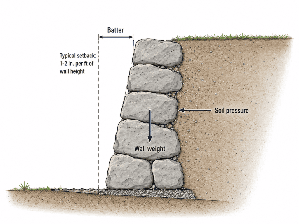 Diagram showing batter setback in a boulder retaining wall with soil pressure and wall weight arrows