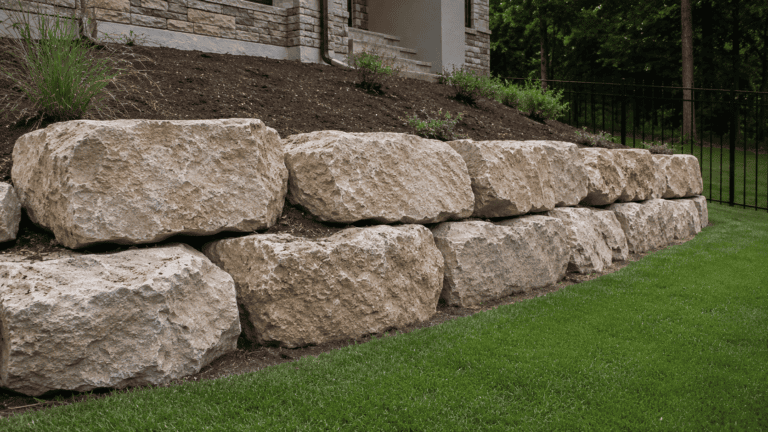 boulders as retaining wall outside residential building