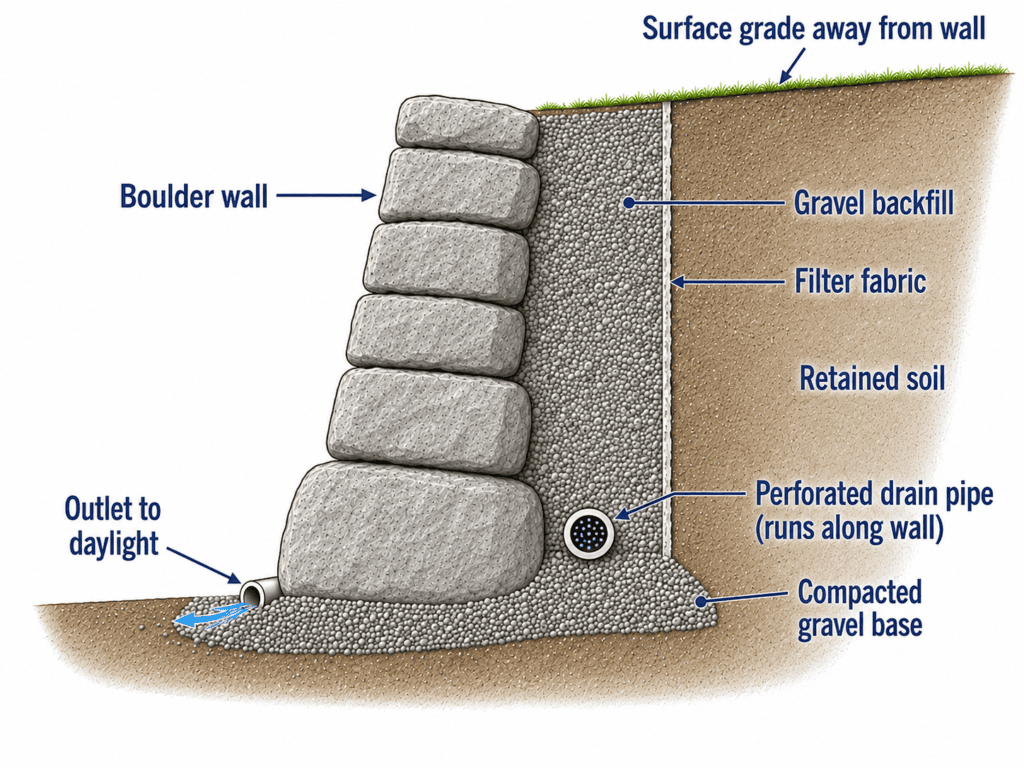 Boulders as retaining wall drainage cross-section with gravel backfill, filter fabric, perforated drain pipe, and outlet