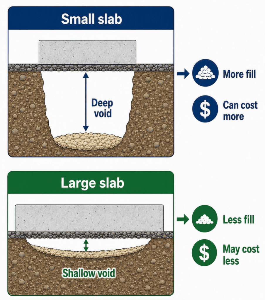 Driveway leveling cost diagram comparing a small slab with a deep void and a large slab with a shallow void