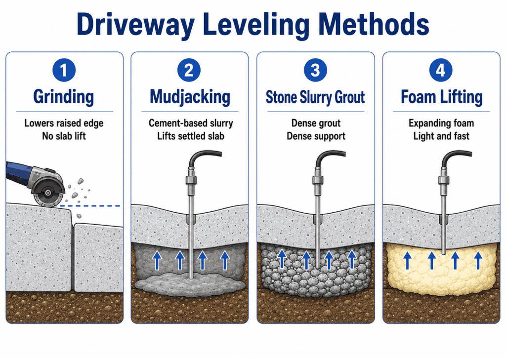 Driveway leveling methods comparison showing concrete grinding, mudjacking, stone slurry grout, and polyurethane foam lifting