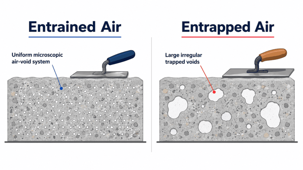 Entrained air vs entrapped air in concrete, showing uniform microscopic voids and large irregular trapped voids.
