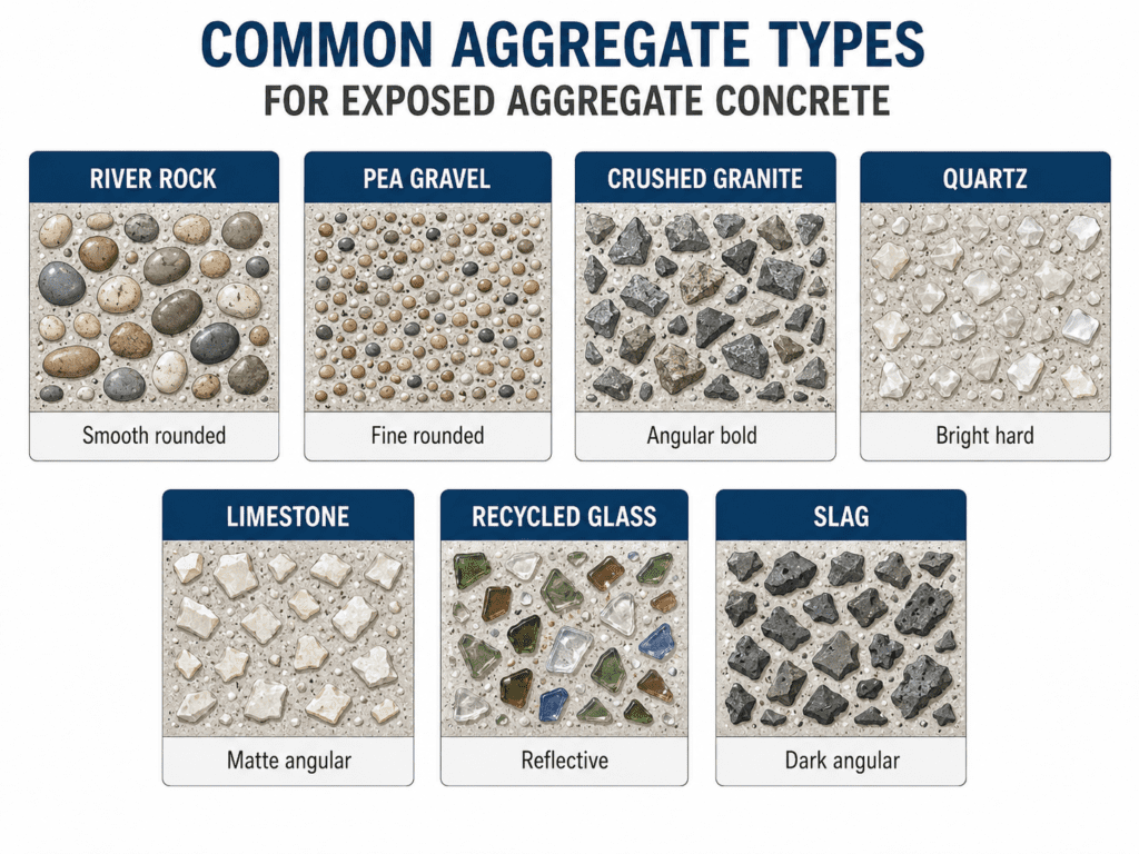 Comparison of common exposed aggregate concrete aggregate types including river rock, pea gravel, crushed granite, quartz, limestone, recycled glass, and slag