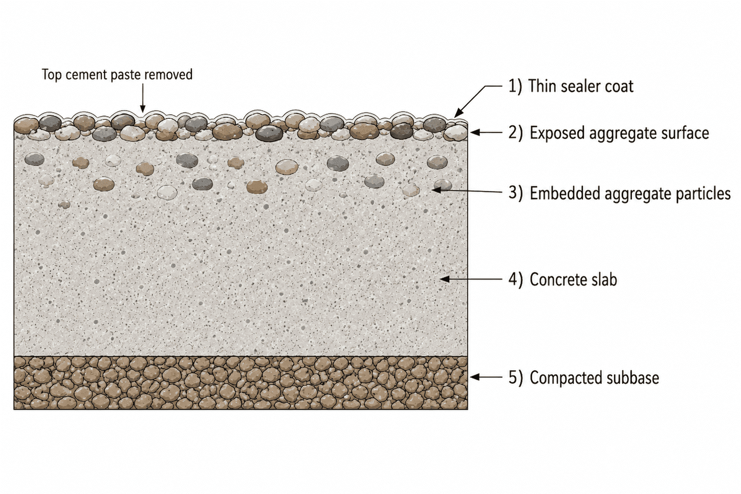 Cross-section diagram of exposed aggregate concrete showing sealer, exposed stones, concrete slab, and compacted subbase