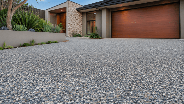 Exposed aggregate concrete driveway with decorative stone surface in front of a modern home
