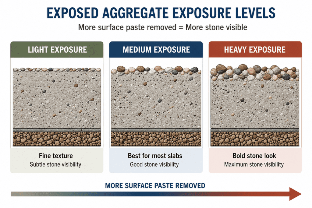 Light medium and heavy exposed aggregate concrete exposure depth diagram
