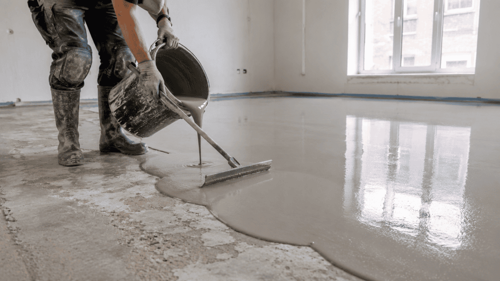Worker pouring and spreading self leveling concrete across a prepared floor.