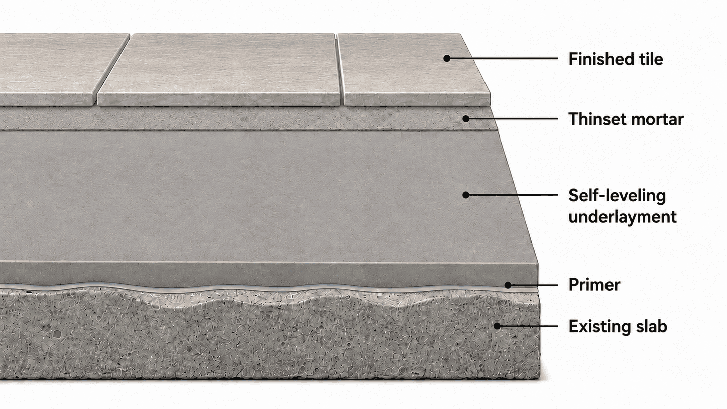 Cross-section showing finished tile, thinset mortar, self-leveling underlayment, primer, and an uneven existing concrete slab.