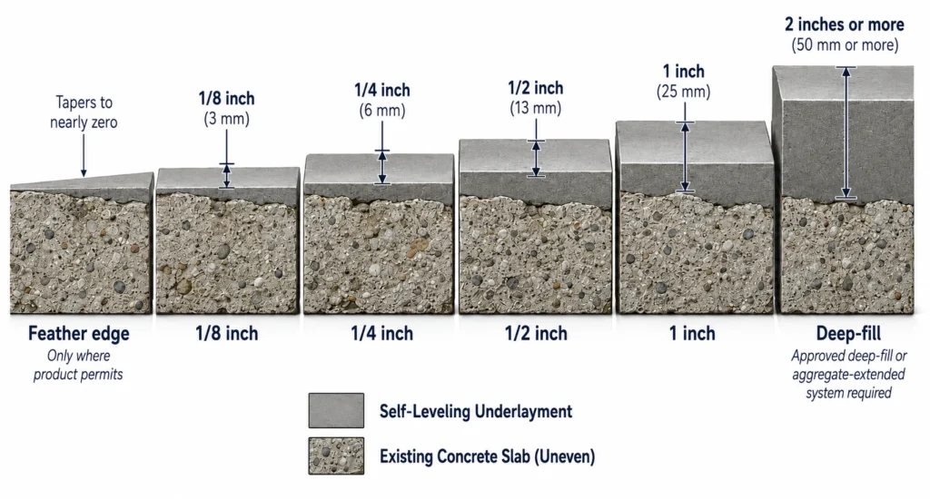 Comparison of self leveling concrete thicknesses from feather edge to 2 inches or more over an uneven concrete slab.