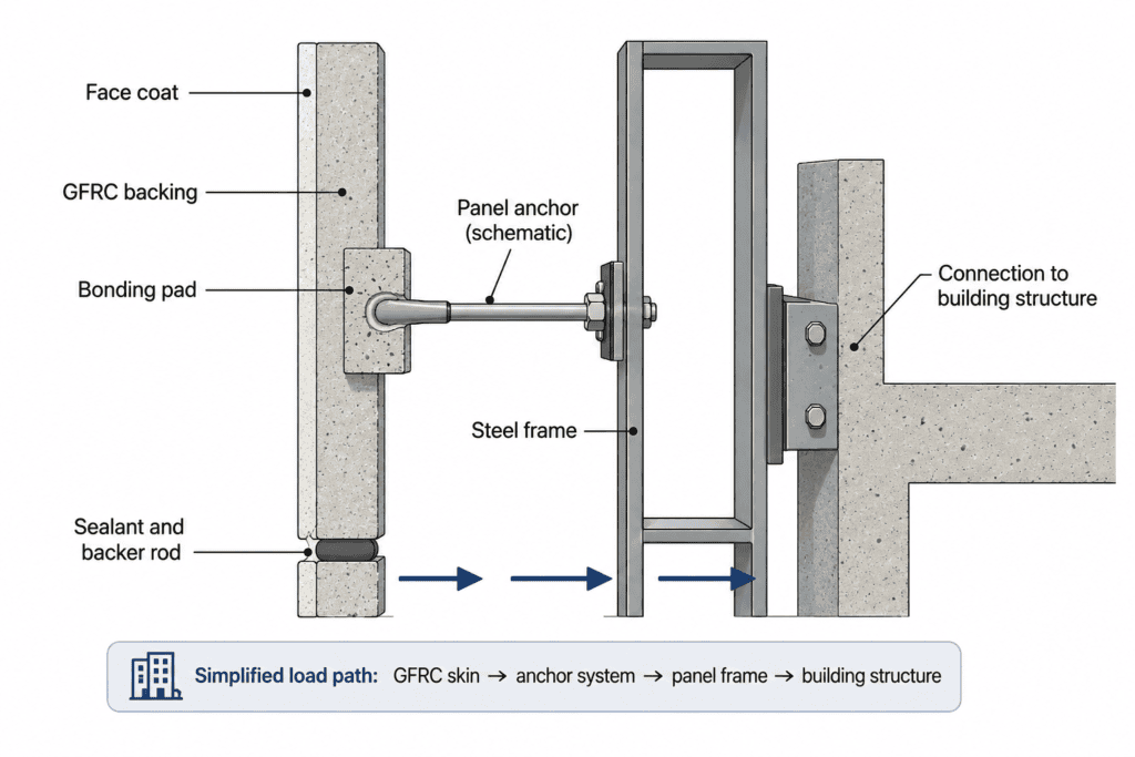 GFRC panel cross-section with bonding pad, anchor, steel frame, and building connection.