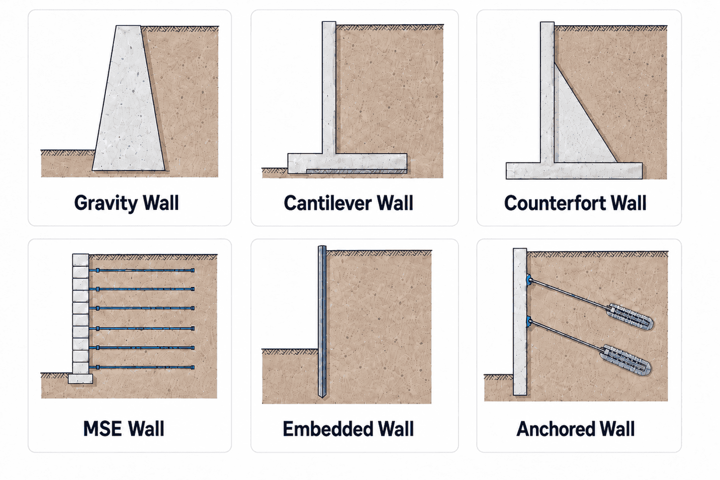 Infographic showing six types of retaining walls: gravity wall, cantilever wall, counterfort wall, MSE wall, embedded wall, and anchored wall. The counterfort wall diagram shows the counterfort on the retained-soil side, where it ties the stem to the heel and is normally buried in backfill.