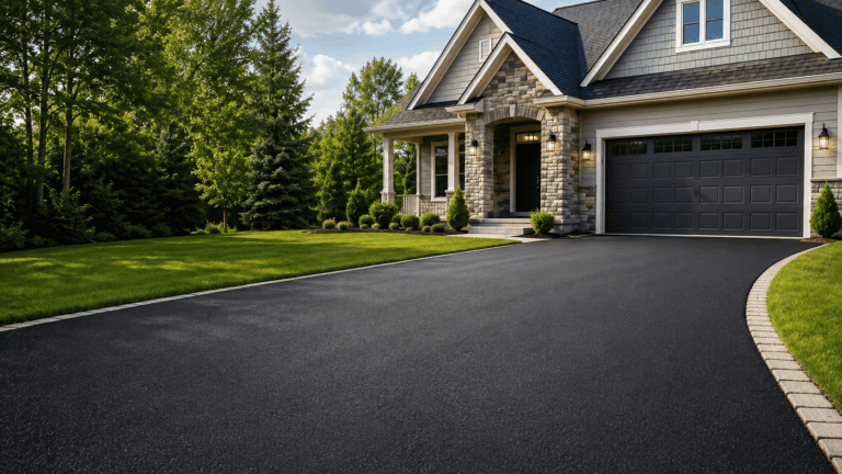 reshly paved residential asphalt driveway leading to a modern home, featured for an asphalt driveway cost calculator.