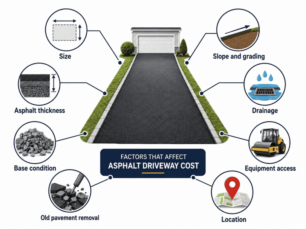 infographic showing a driveway in the center with labeled cost factors around it: size, asphalt thickness, base condition, old pavement removal, slope and grading, drainage, equipment access, and location.