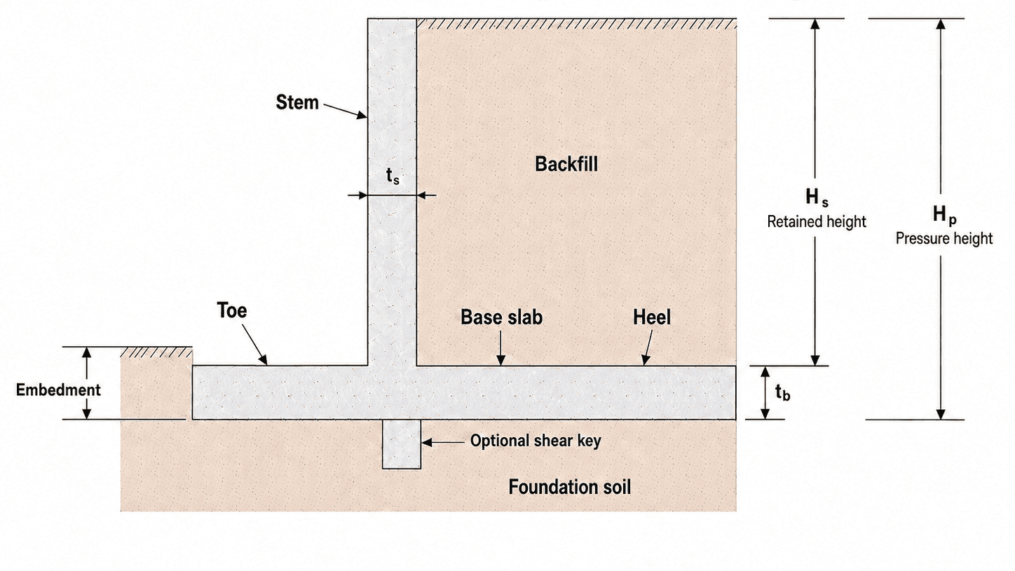 Cantilever retaining wall diagram showing the stem, toe, heel, base slab, shear key, backfill, foundation soil, retained height, pressure height, and footing width.