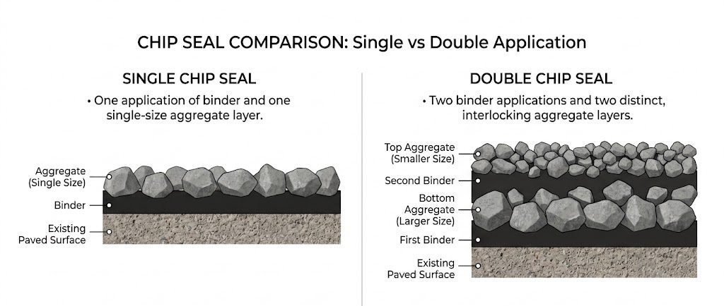 Cross-section diagram comparing single chip seal (one binder and aggregate layer) versus double chip seal (two binder and interlocking aggregate layers).
