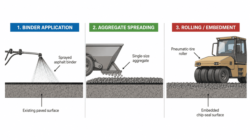 Chip seal installation diagram showing asphalt binder application, single-size aggregate spreading, and pneumatic-tire rolling for chip embedment.