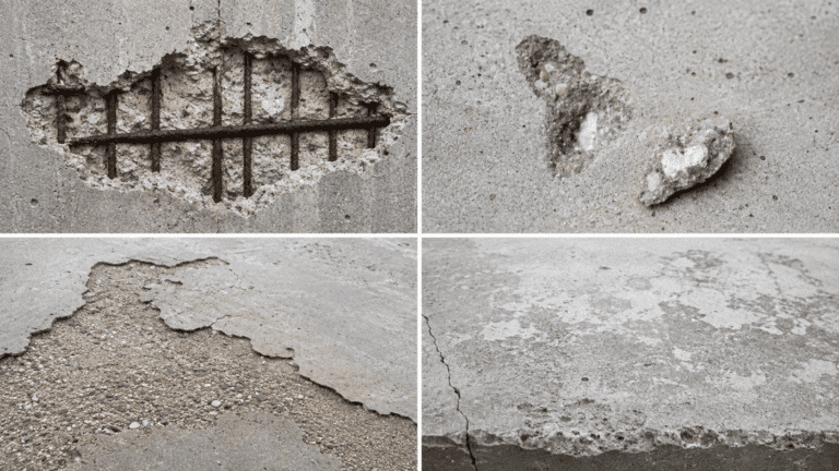 Concrete spalling and surface deterioration showing exposed rebar, delamination, popouts, and scaling.
