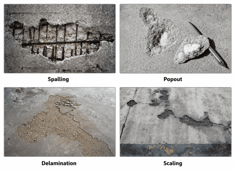 Concrete spalling, scaling, delamination, and aggregate popout shown in a four-image comparison.