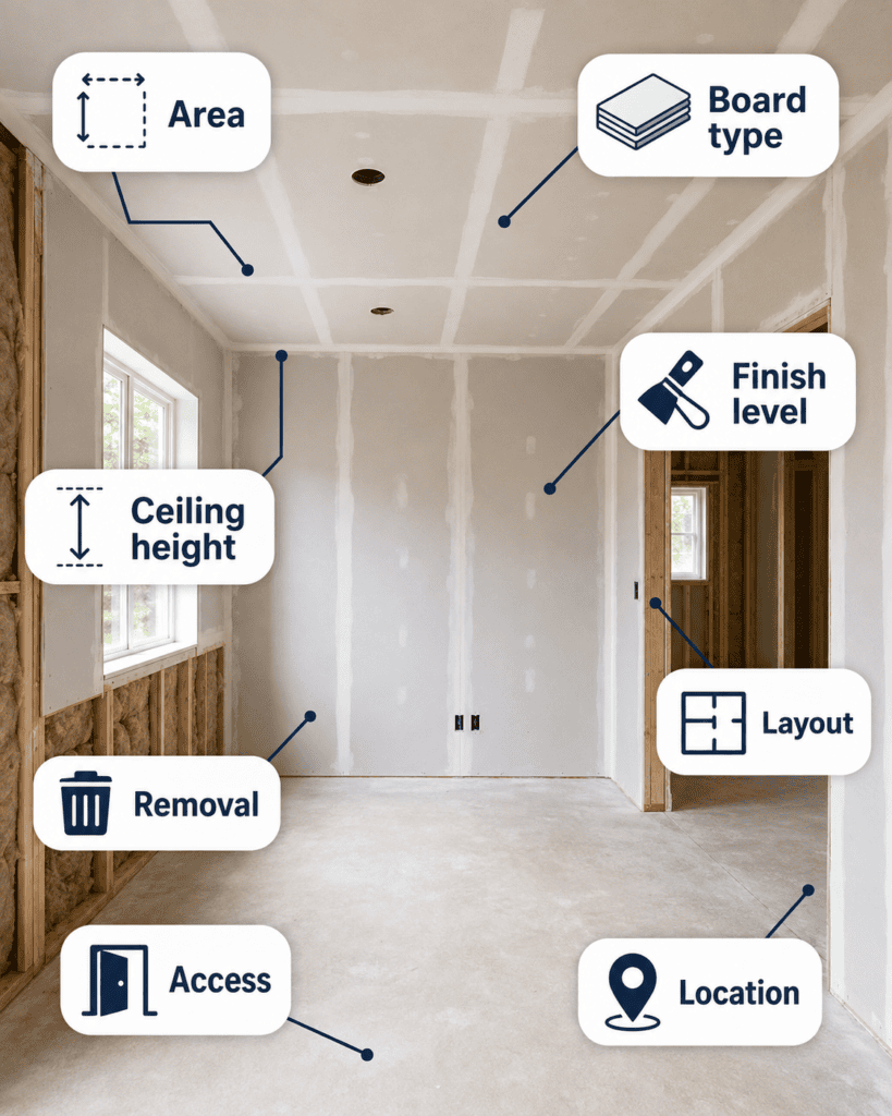 Drywall installation cost calculator infographic showing the main factors that affect price, including drywall area, board type, finish level, ceiling height, layout complexity, removal, access, and location.